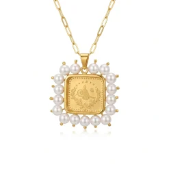 21K Gold Square Pearl Lira Coin Frame Necklace - 7.61g - Sultan Gold - عقد برواز ليرة مربع مرصع باللؤلؤ ذهب عيار 21 - 7.61 غرام - ذهب السلطان