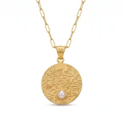 21K Gold Calligraphy Medallion Pearl Necklace - 3.11g - Sultan Gold - عقد مدالية آية الكرسي ولؤلؤ ذهب عيار 21 - 3.11 غرام - ذهب السلطان