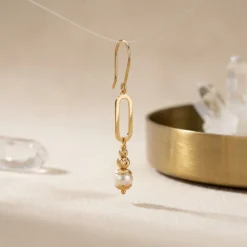 21K Gold Paperclip Link Dangling Pearl Earrings - 3.57g - Sultan Gold - أقراط حلقات مع لؤلؤ متدلي ذهب عيار 21 - 3.57 غرام - ذهب السلطان