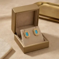 21K Royal Turquoise Geometric Cutout Earrings - 5.79g - Sultan Gold - أقراط فيروزي ملكية ذهب عيار 21 - 5.79 غرام - ذهب السلطان