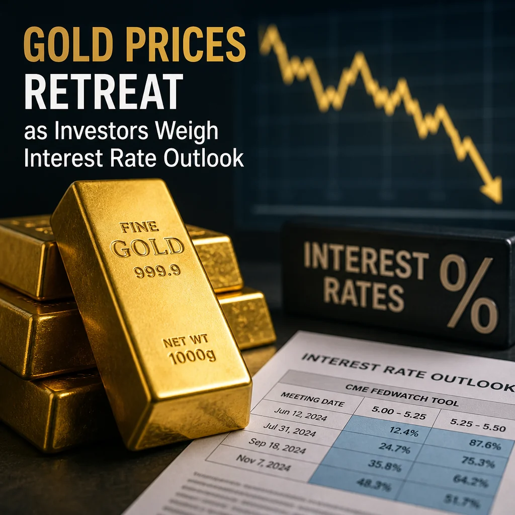Gold bars beside falling price charts and rising interest rates, reflecting investor concerns about the economic outlook.