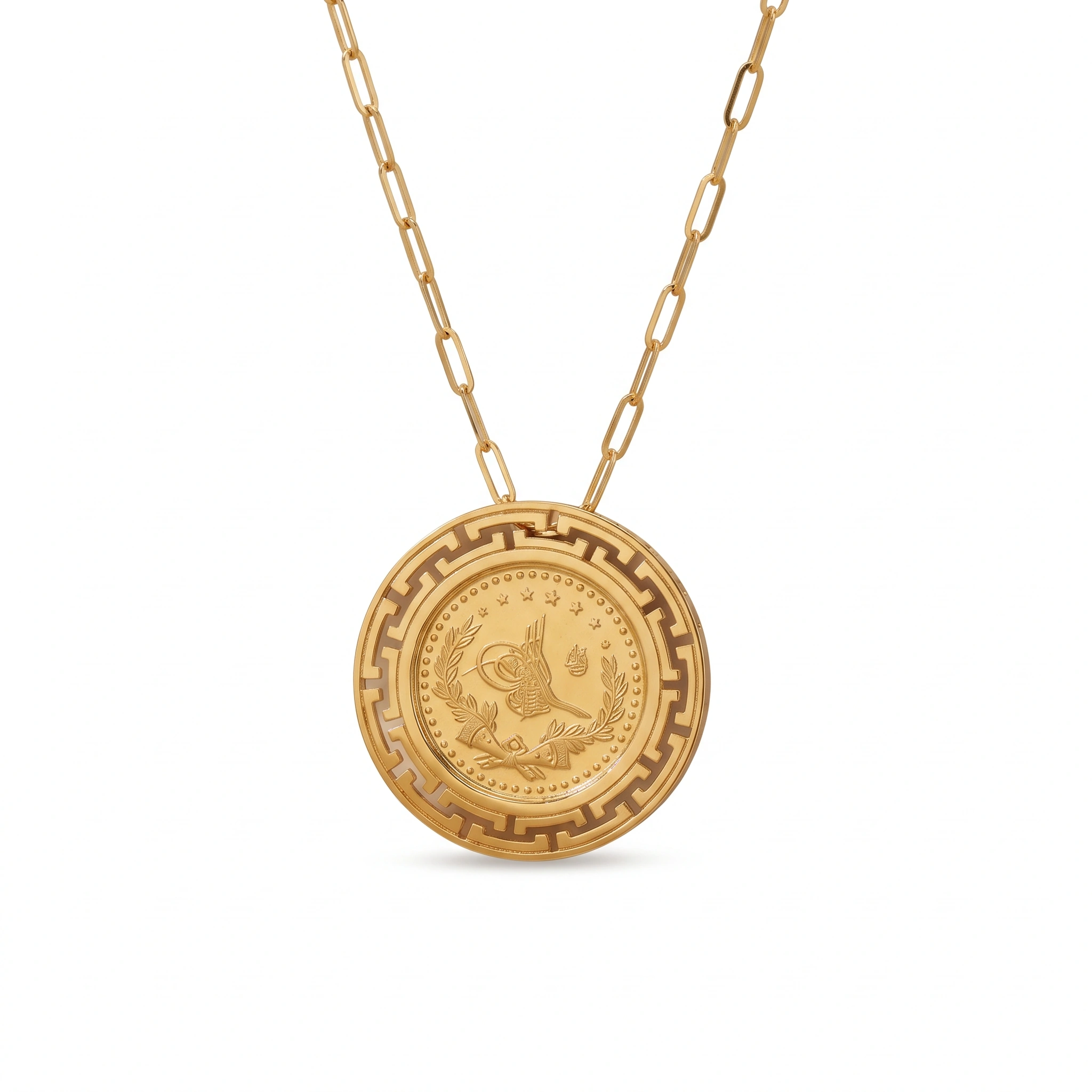 21K Gold Greek Key Lira Medallion Necklace - 7.79g - Sultan Gold - عقد ليرة زخرفة إغريقية ذهب عيار 21 - 7.79 غرام - ذهب السلطان