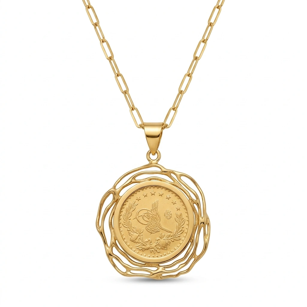 21K Gold Swirl Half Lira Coin Frame Necklace - 4.29g - Sultan Gold - عقد برواز نصف ليرة مبروم ذهب عيار 21 - 4.29 غرام - ذهب السلطان