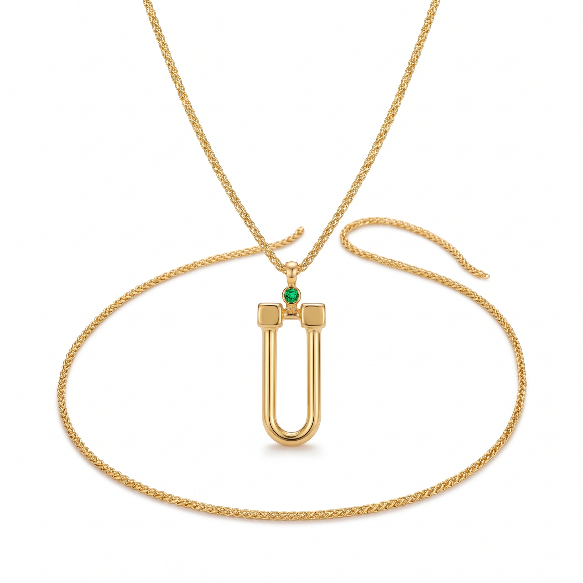 21K Gold Horseshoe U-Link Emerald Stone Necklace - 6.3g - Sultan Gold - عقد حدوة حصان ذهب مرصع بحجر أخضر عيار 21 - 6.3 غرام - ذهب السلطان