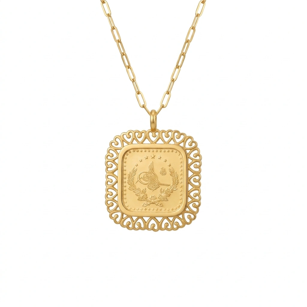 21K Gold Square Lira Coin Frame Necklace - 5.83g - Sultan Gold - عقد برواز ليرة مربع ذهب عيار 21 - 5.83 غرام - ذهب السلطان