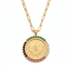 21K Gold Lira Multi-Color Stone Coin Frame Necklace - 7.38g - Sultan Gold - عقد برواز ليرة مرصع بأحجار ملونة ذهب عيار 21 - 7.38 غرام - ذهب السلطان