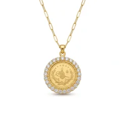 21K Gold Lira Zircon Halo Coin Frame Necklace - 7.71g - Sultan Gold - عقد برواز ليرة مرصع بالزركون ذهب عيار 21 - 7.71 غرام - ذهب السلطان