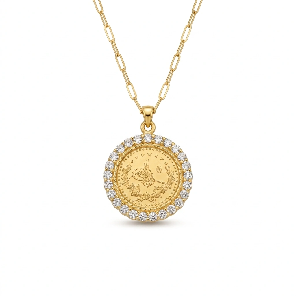 21K Gold Lira Zircon Halo Coin Frame Necklace - 7.71g - Sultan Gold - عقد برواز ليرة مرصع بالزركون ذهب عيار 21 - 7.71 غرام - ذهب السلطان