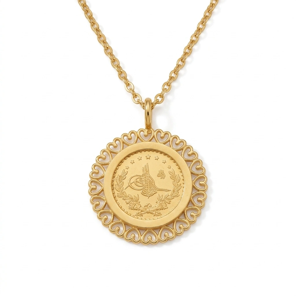 21K Gold Scalloped Quarter Lira Coin Frame Necklace - 1.95g - Sultan Gold - عقد برواز ربع ليرة مورد ذهب عيار 21 - 1.95 غرام - ذهب السلطان