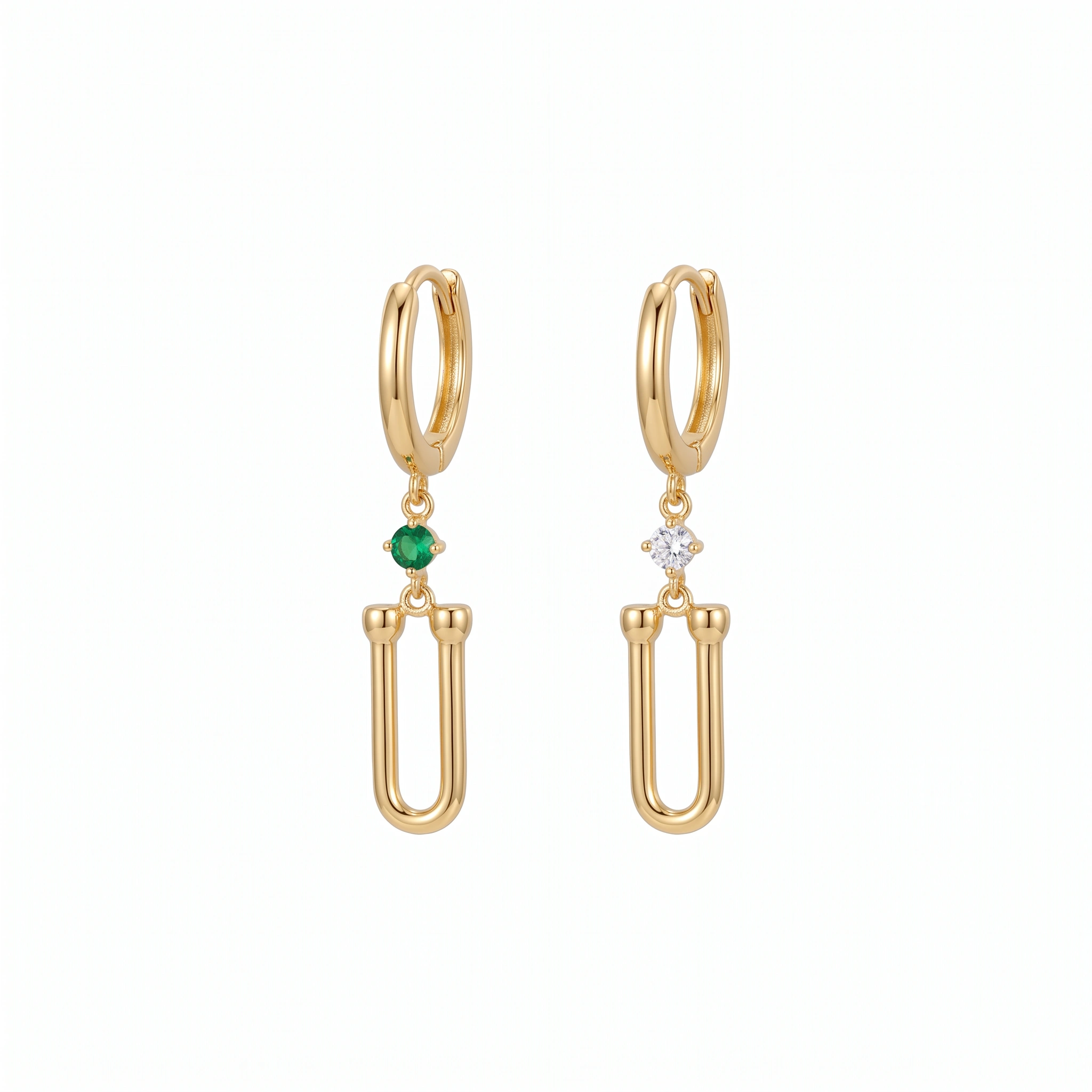 21K Gold U-Link Emerald Huggie Earrings - 4.55g - Sultan Gold - أقراط حلقات يو حجر أخضر ذهب عيار 21 - 4.55 غرام - ذهب السلطان