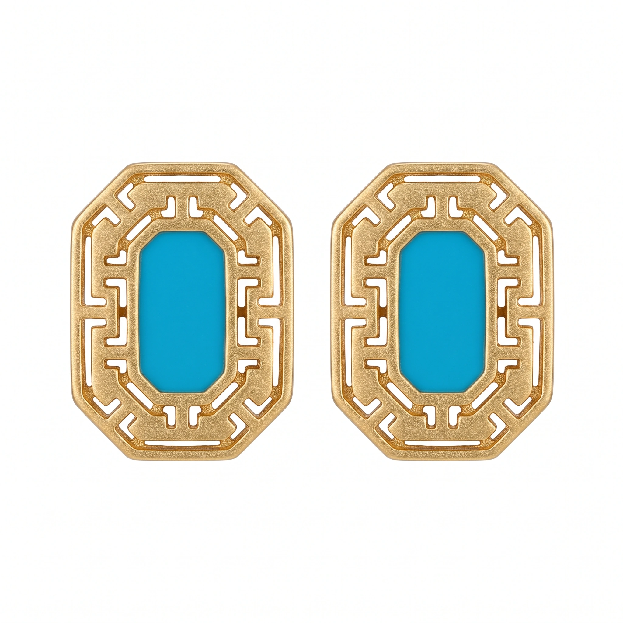 21K Royal Turquoise Geometric Cutout Earrings - 5.79g - Sultan Gold - أقراط فيروزي ملكية ذهب عيار 21 - 5.79 غرام - ذهب السلطان