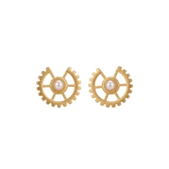 21K Gold Sunburst Gear Pearl Stud Earrings - 6.01g - Sultan Gold - أقراط ترس مع لؤلؤ ذهب عيار 21 - 6.01 غرام - ذهب السلطان
