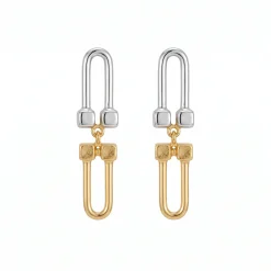 21K Two-Tone U-Link Drop Earrings - 6.33g - Sultan Gold - أقراط حلقات يو لونين ذهب عيار 21 - 6.33 غرام - ذهب السلطان