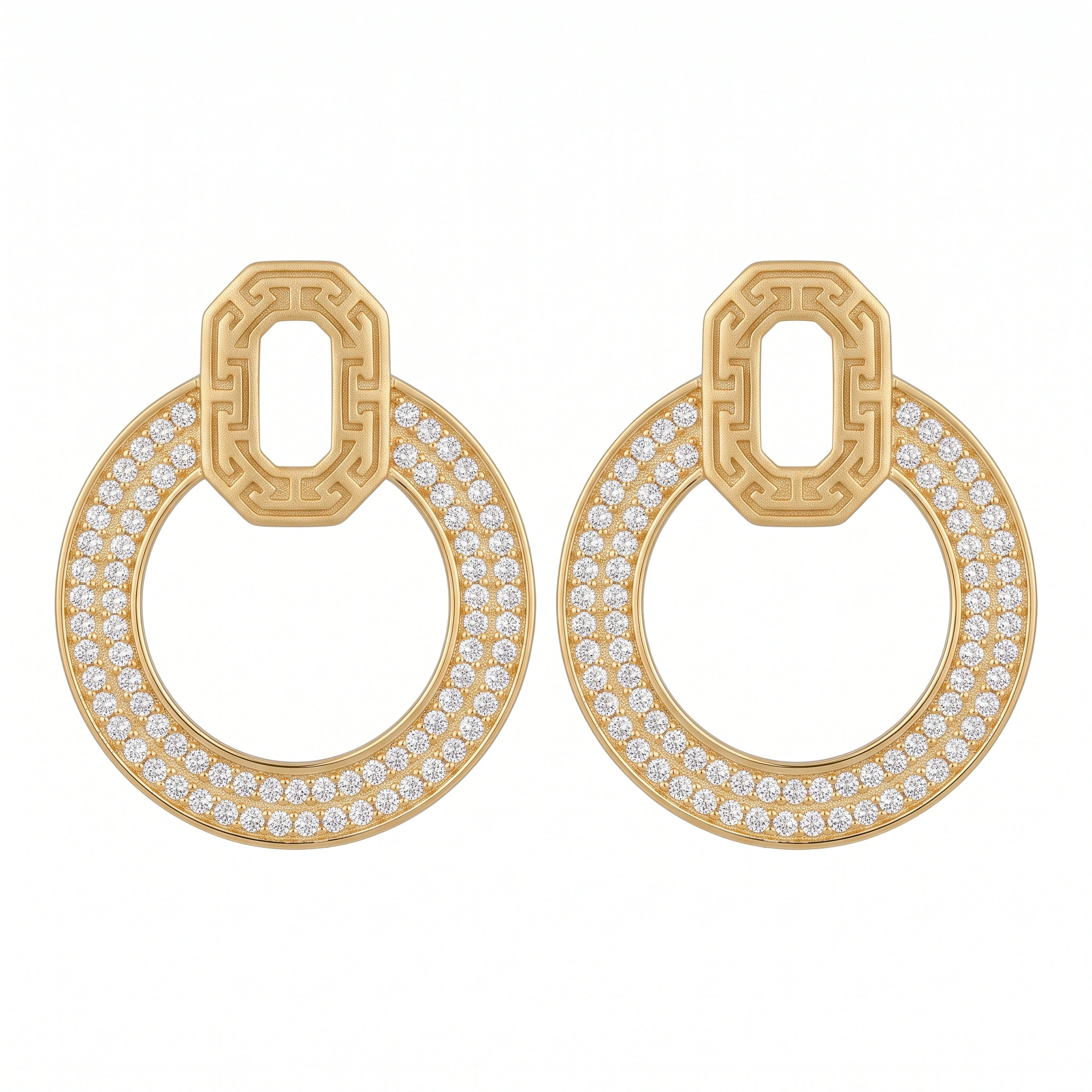 21K Gold Greek Key Pavé Zircon Hoop Earrings - 8.41g - Sultan Gold - أقراط هوب زركون مع زخرفة إغريقية ذهب عيار 21 - 8.41 غرام - ذهب السلطان