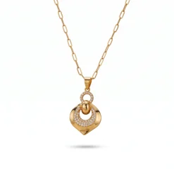 21K Gold Ribbed Heart Zircon Bail Necklace - 3.63g - Sultan Gold - عقد قلب مضلع مع حلقة زركون ذهب عيار 21 - 3.63 غرام - ذهب السلطان