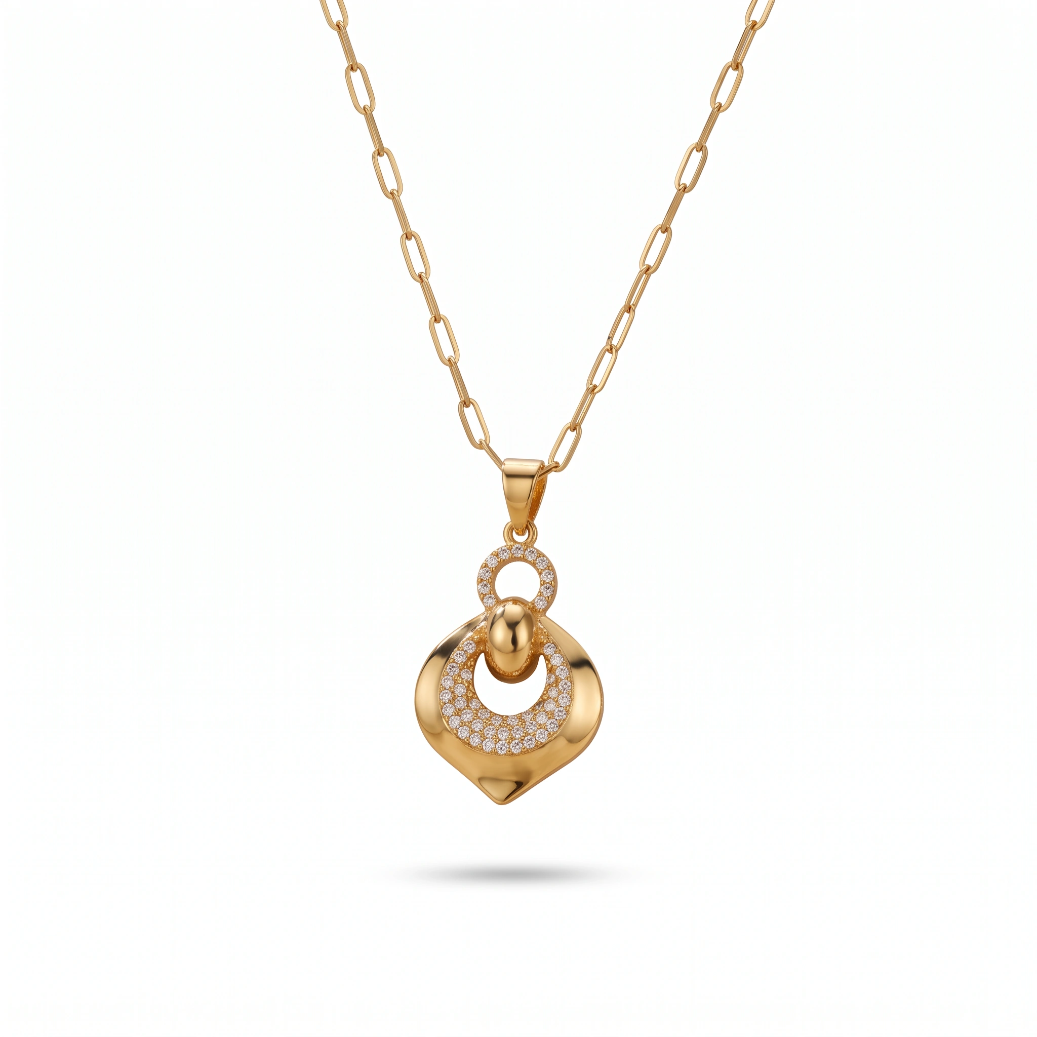 21K Gold Ribbed Heart Zircon Bail Necklace - 3.63g - Sultan Gold - عقد قلب مضلع مع حلقة زركون ذهب عيار 21 - 3.63 غرام - ذهب السلطان