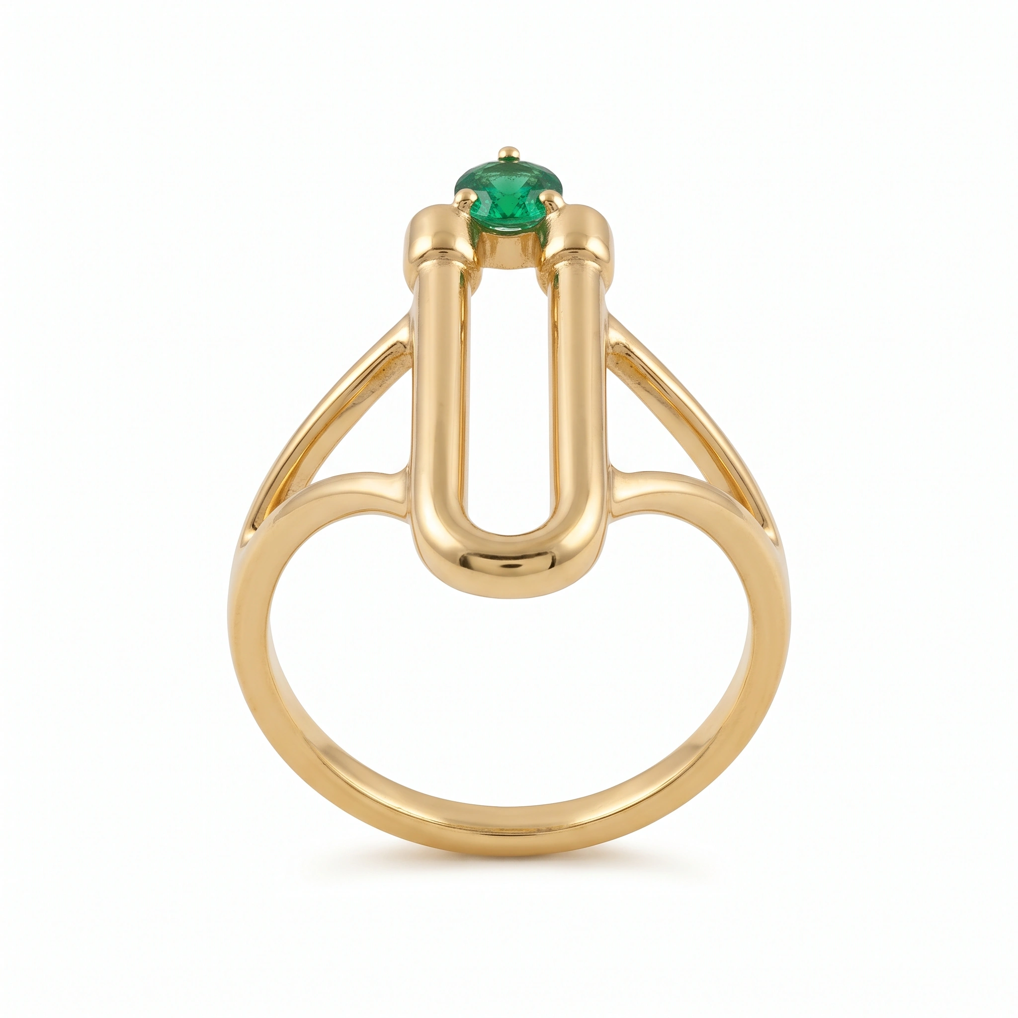 21K Gold U-Link Horseshoe Emerald Ring - 2.71g - Sultan Gold - خاتم قوس يو مرصع بحجر أخضر ذهب عيار 21 - 2.71 غرام - ذهب السلطان