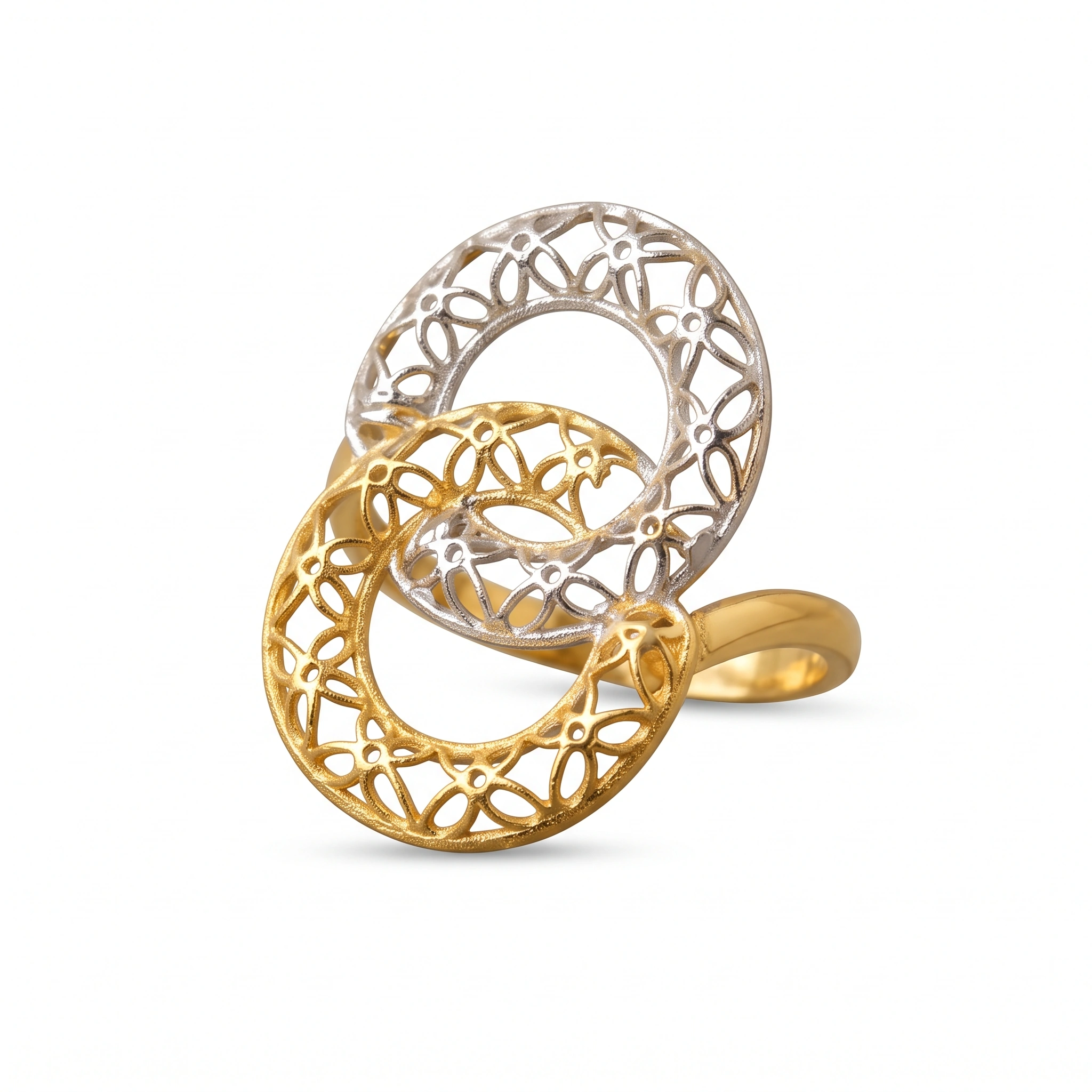21K Two-Tone Twin Crescent Moon Bypass Ring - 4.44g - Sultan Gold - خاتم هلالين متقابلين لونين ذهب عيار 21 - 4.44 غرام - ذهب السلطان