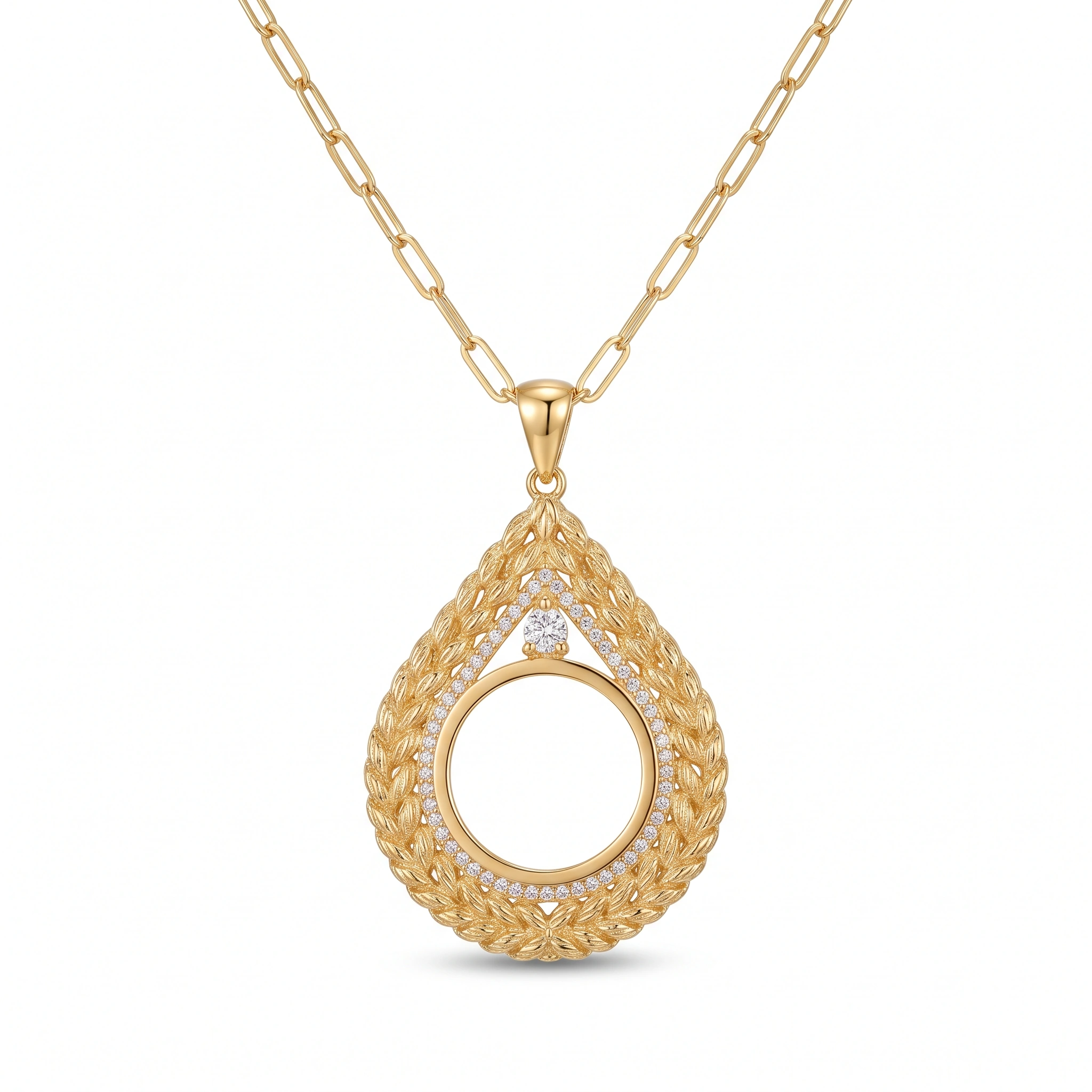21K Gold Teardrop Coin Frame Zircon Halo Necklace - 9.07g - Sultan Gold - عقد برواز ليرة دمعة مرصع بالزركون ذهب عيار 21 - 9.07 غرام - ذهب السلطان