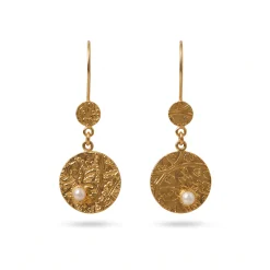 21K Gold Long Wire Drop Pearl Disc Earrings - 3.24g - Sultan Gold - أقراط أقراص متدلية مع لؤلؤ ذهب عيار 21 - 3.24 غرام - ذهب السلطان
