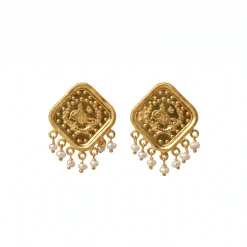 21K Heritage Rhombus Seed Pearl Fringe Earrings - 9.31g - Sultan Gold - أقراط معين تراثية مع لؤلؤ ذهب عيار 21 - 9.31 غرام - ذهب السلطان