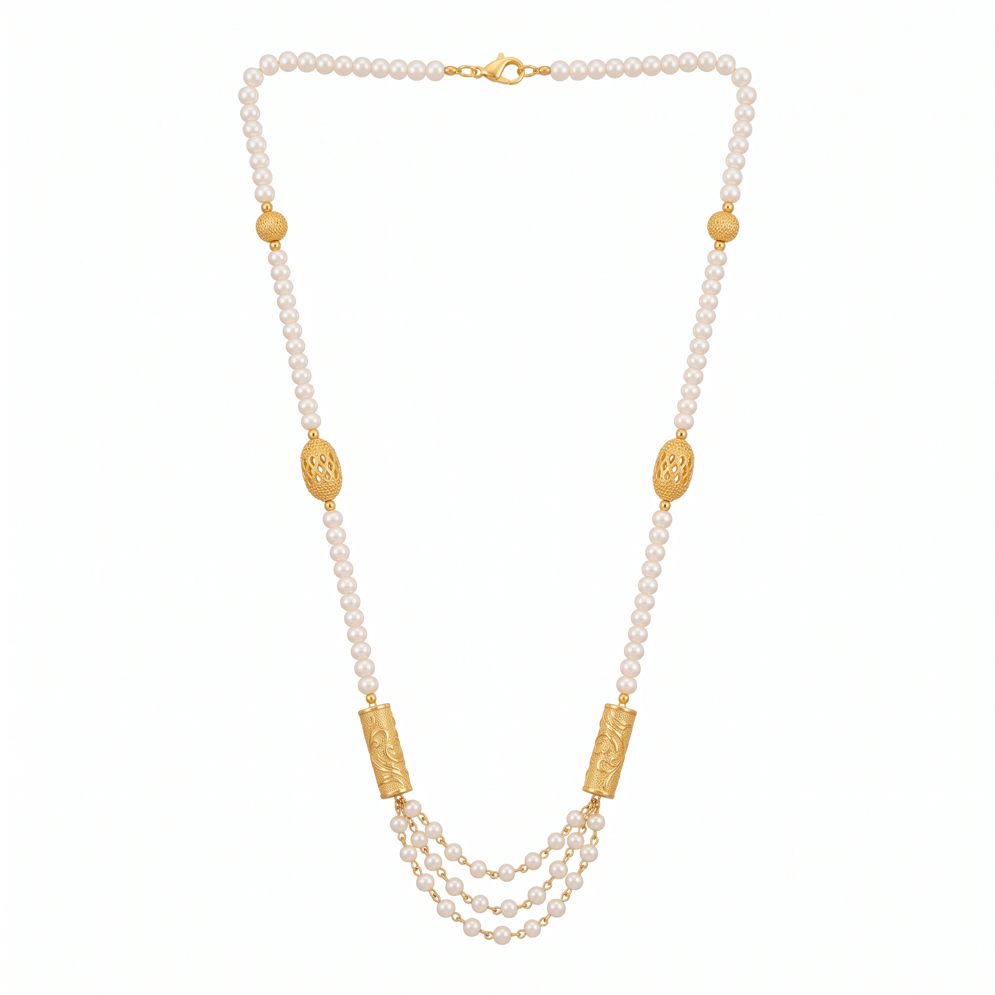 21K Gold Multi-Strand Pearl Station Necklace - 18.69g - Sultan Gold - عقد لؤلؤ متعدد الطبقات ذهب عيار 21 - 18.69 غرام - ذهب السلطان