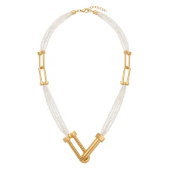 21K Gold Chevron Pearl Multi-Strand Choker Necklace - 9.86g - Sultan Gold - عقد لؤلؤ مع محطة ذهب هندسية عيار 21 - 9.86 غرام - ذهب السلطان