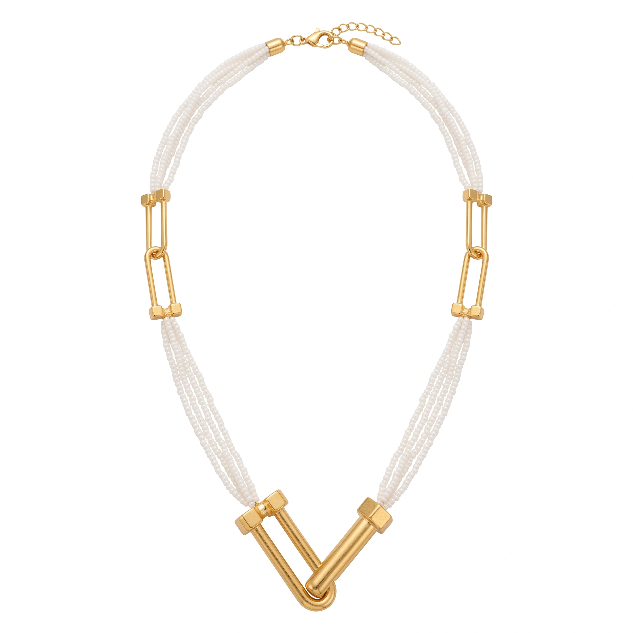 21K Gold Chevron Pearl Multi-Strand Choker Necklace - 9.86g - Sultan Gold - عقد لؤلؤ مع محطة ذهب هندسية عيار 21 - 9.86 غرام - ذهب السلطان