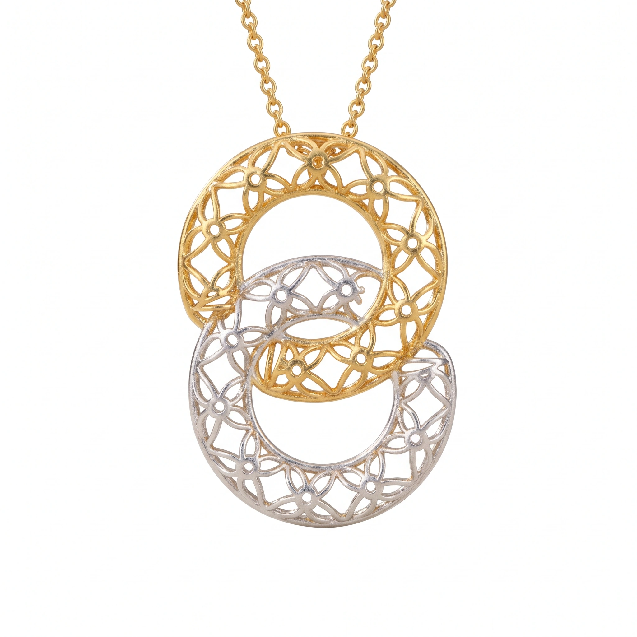 21K Two-Tone Interlocking Circle Lattice Pendant Necklace - 7.79g - Sultan Gold - عقد دوائر شبكية متداخلة لونين ذهب عيار 21 - 7.79 غرام - ذهب السلطان