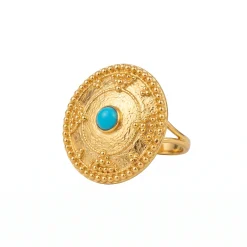 21K Turquoise Sunburst Heritage Gold Ring - 28.71g - Sultan Gold - خاتم ذهب تراثي مرصع بالفيروز عيار 21 - 28.71 غرام - ذهب السلطان
