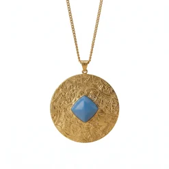 21K Gold Hammered Disc Turquoise Stone Necklace - 14.29g - Sultan Gold - عقد قرص مطروق مرصع بحجر فيروزي ذهب عيار 21 - 14.29 غرام - ذهب السلطان