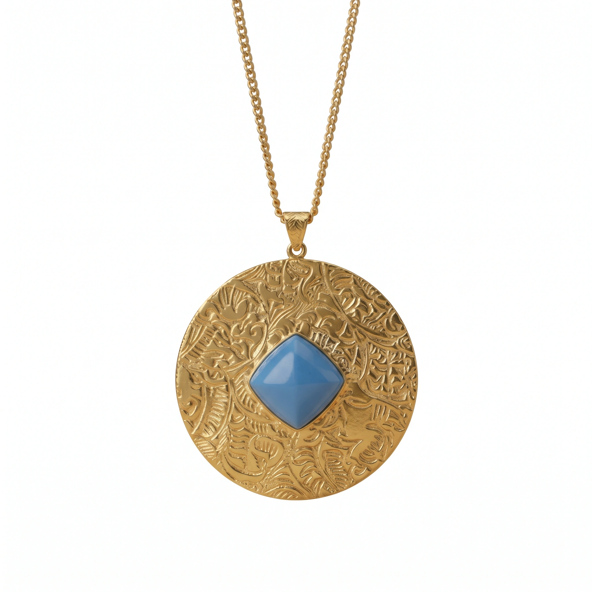 21K Gold Hammered Disc Turquoise Stone Necklace - 14.29g - Sultan Gold - عقد قرص مطروق مرصع بحجر فيروزي ذهب عيار 21 - 14.29 غرام - ذهب السلطان