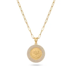 21K Gold Lira Medallion Zircon Halo Necklace - 4.87g - Sultan Gold - عقد مدالية ليرة بإطار زركون ذهب عيار 21 - 4.87 غرام - ذهب السلطان