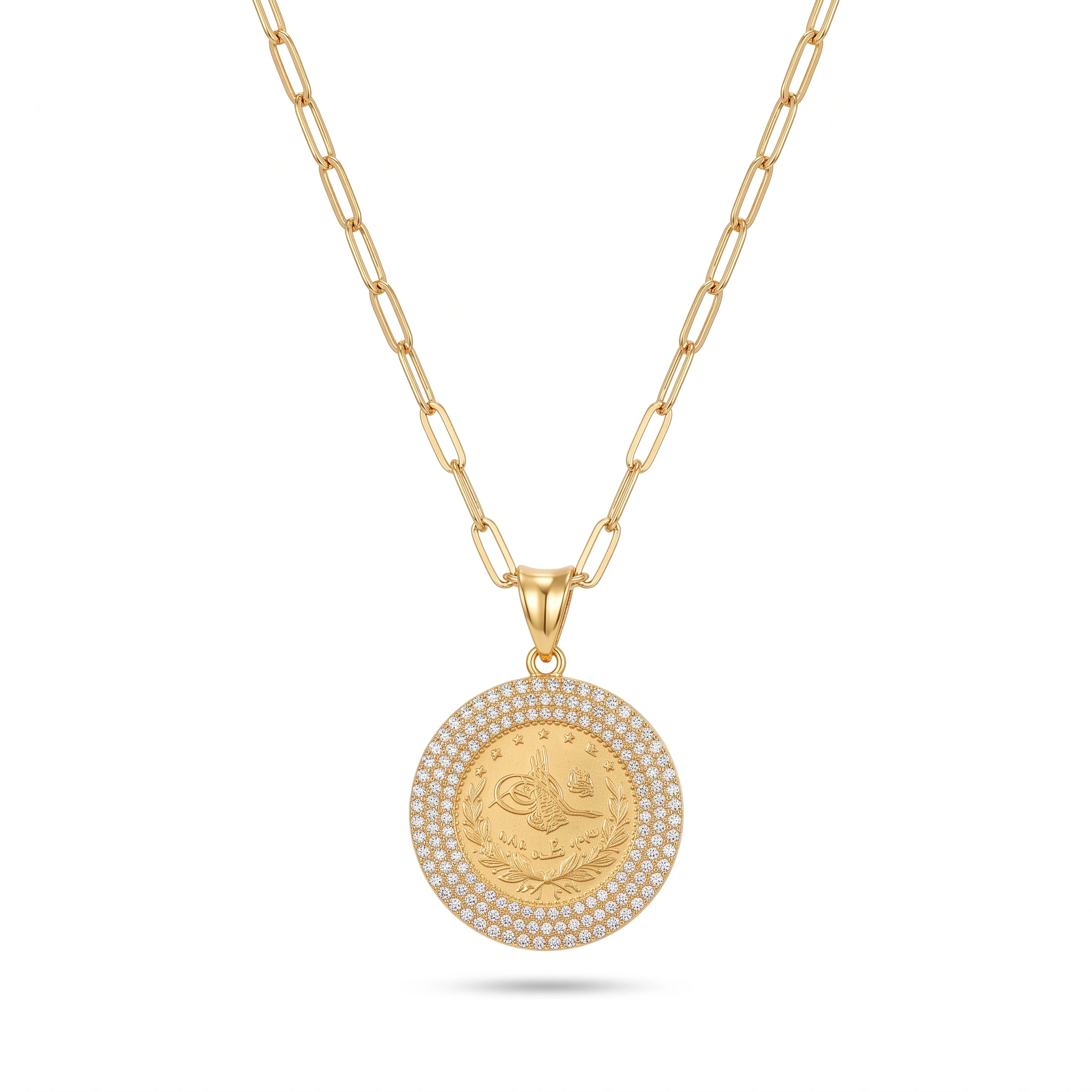 21K Gold Lira Medallion Zircon Halo Necklace - 4.87g - Sultan Gold - عقد مدالية ليرة بإطار زركون ذهب عيار 21 - 4.87 غرام - ذهب السلطان
