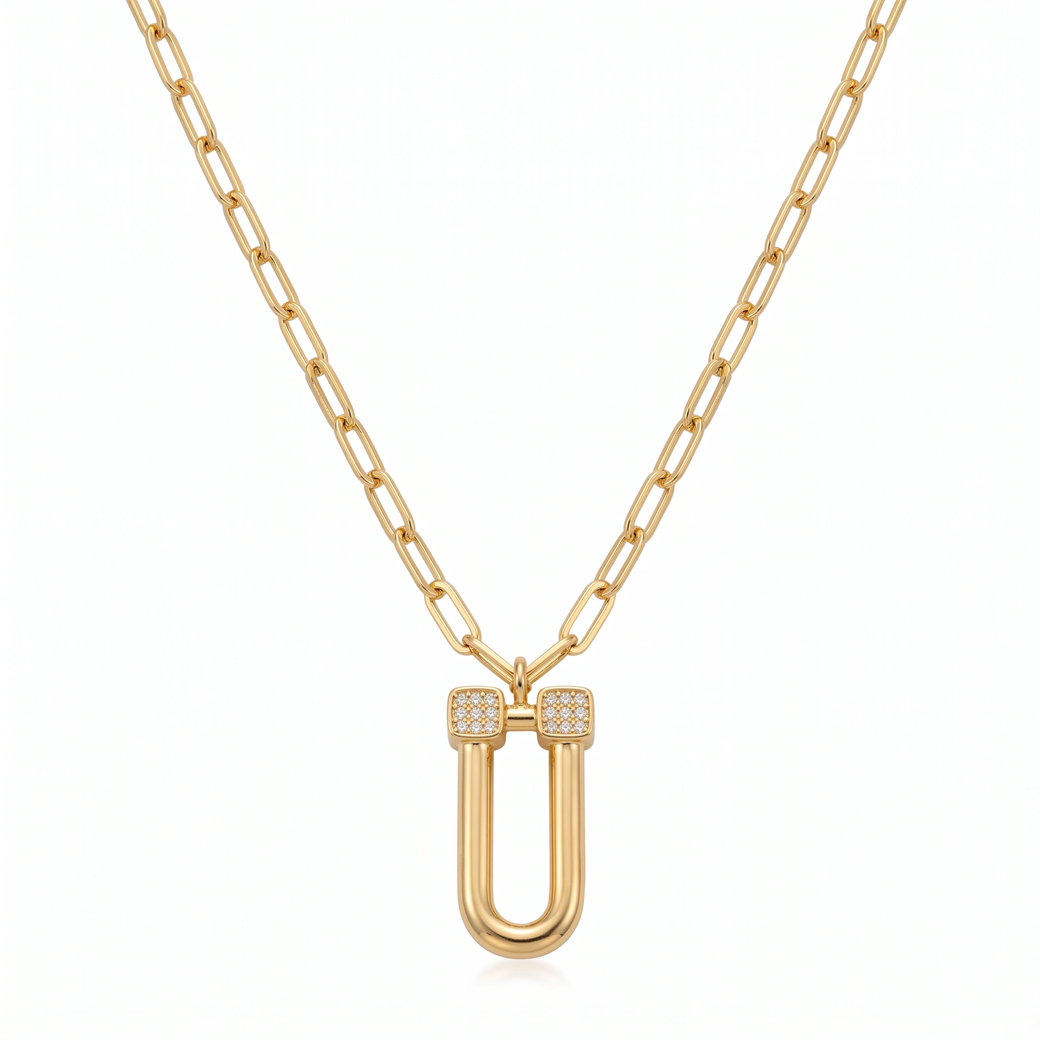 21K Gold Zircon Pavé U-Link Horseshoe Necklace - 5.39g - Sultan Gold - عقد حدوة حصان مرصع بالزركون ذهب عيار 21 - 5.39 غرام - ذهب السلطان