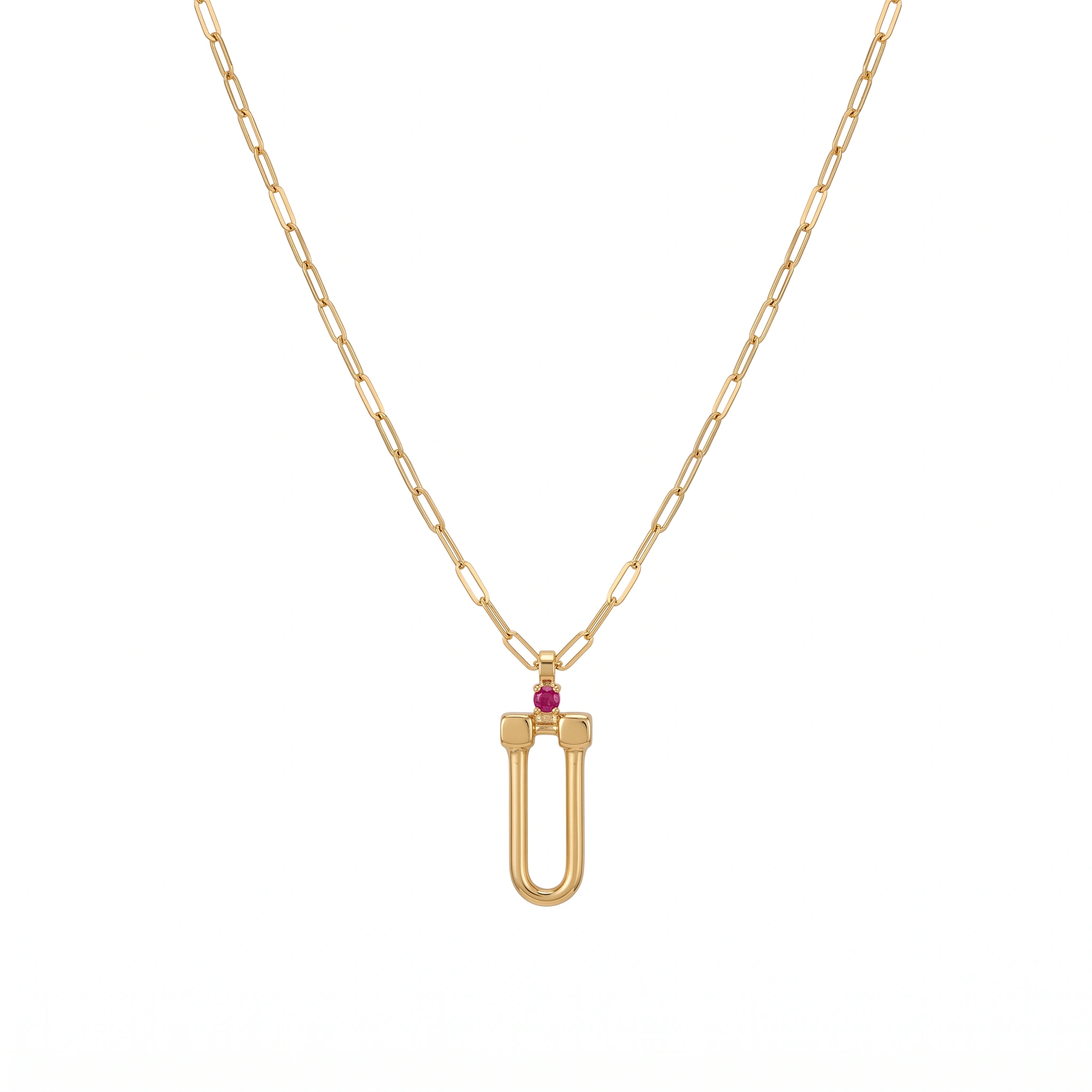 21K Gold U-Link Ruby Teardrop Stone Necklace - 5.4g - Sultan Gold - عقد حدوة حصان مرصع بحجر ياقوت أحمر ذهب عيار 21 - 5.4 غرام - ذهب السلطان