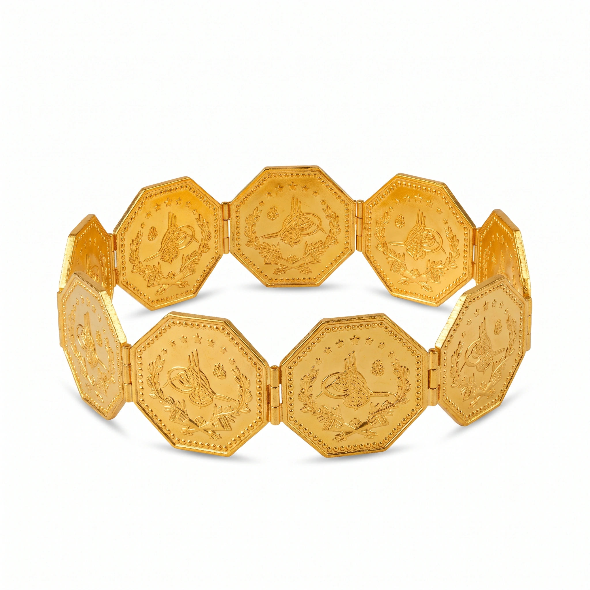 22K Heritage Octagonal Lira Coin Bracelet - 64.76g - Sultan Gold - سوار ليرات مثمنة عريض ذهب عيار 22 - 64.76 غرام - ذهب السلطان