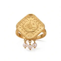 22K Heritage Square Lira Pearl Drop Ring - 4.67g - Sultan Gold - خاتم ليرة مربع مع لؤلؤ متدلي ذهب عيار 22 - 4.67 غرام - ذهب السلطان
