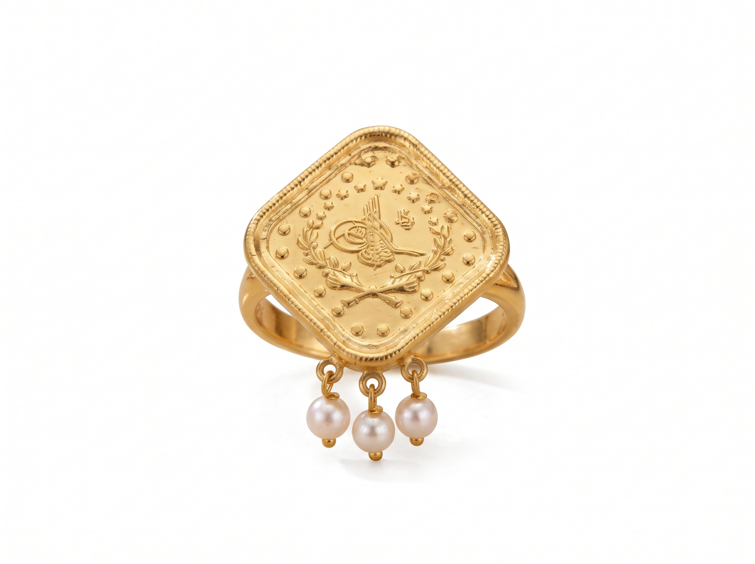 22K Heritage Square Lira Pearl Drop Ring - 4.67g - Sultan Gold - خاتم ليرة مربع مع لؤلؤ متدلي ذهب عيار 22 - 4.67 غرام - ذهب السلطان