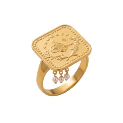 22K Heritage Square Lira Pearl Drop Ring - 5.38g - Sultan Gold - خاتم ليرة مربع مع لؤلؤ متدلي ذهب عيار 22 - 5.38 غرام - ذهب السلطان
