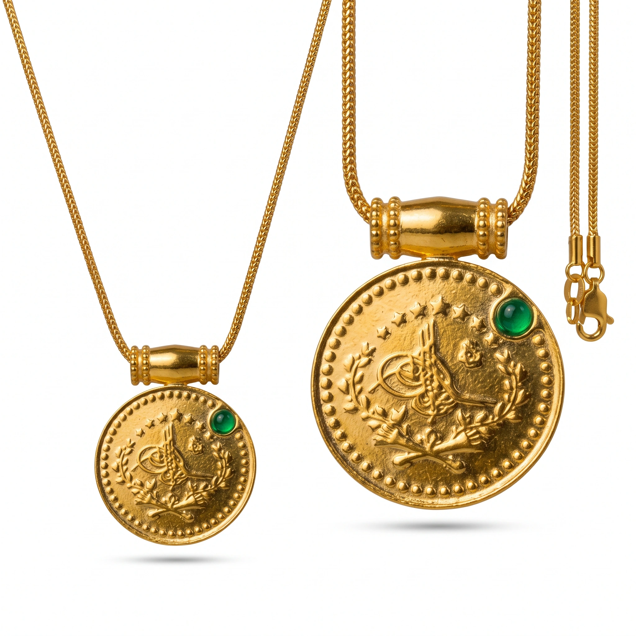 22K Heritage Lira Coin Pendant with Emerald - 8.92g - Sultan Gold - تعليقة ليرة ذهب مرصعة بحجر أخضر عيار 22 - 8.92 غرام - ذهب السلطان
