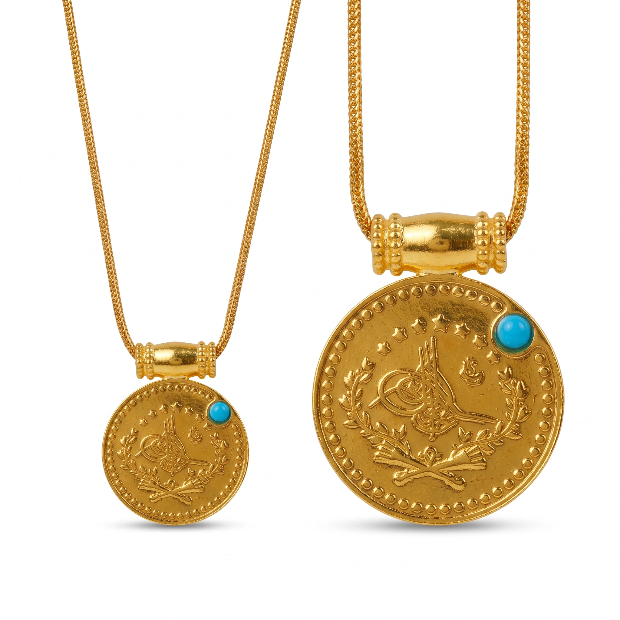 22K Heritage Lira Coin Pendant with Turquoise - 8.93g - Sultan Gold - تعليقة ليرة ذهب مرصعة بالفيروز عيار 22 - 8.93 غرام - ذهب السلطان