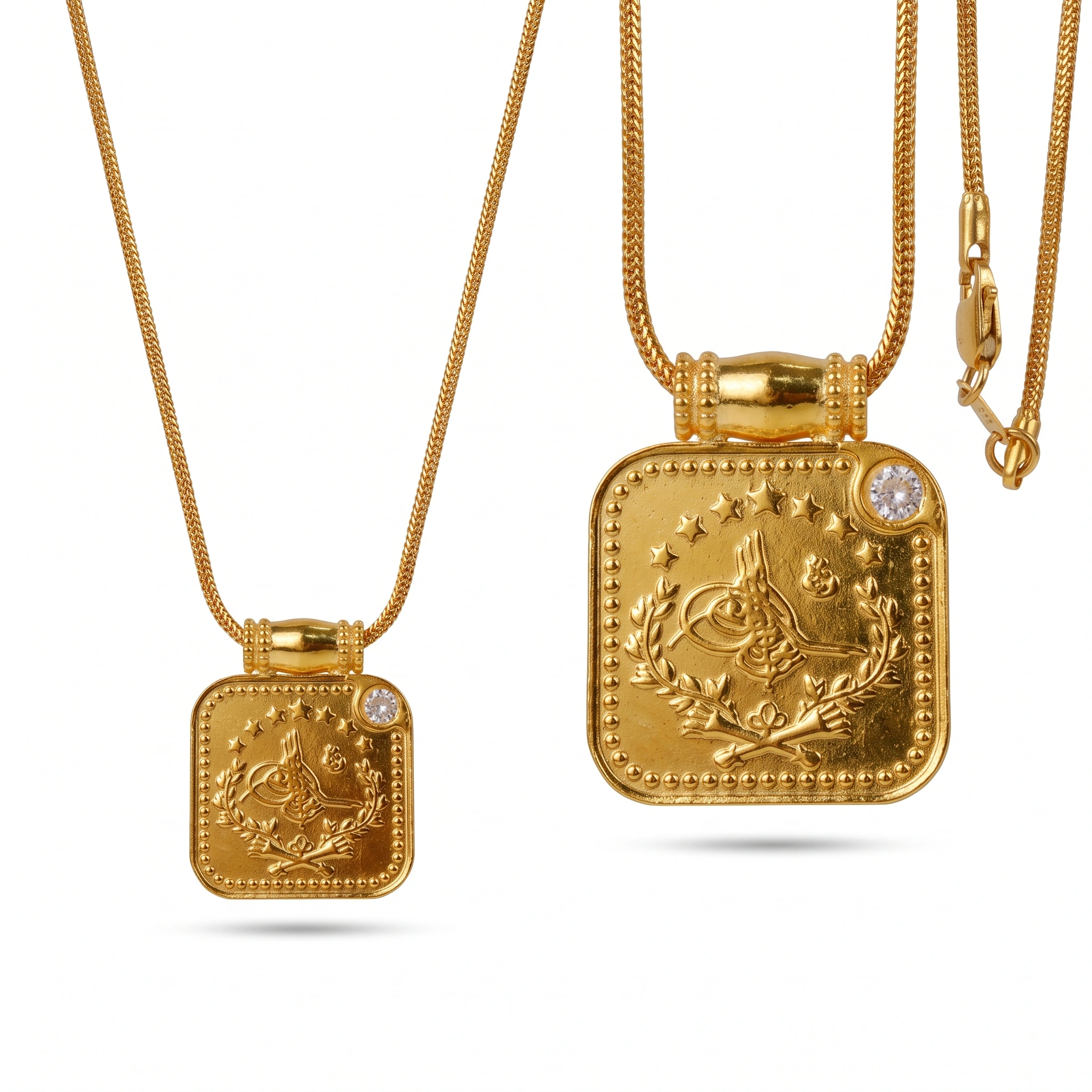 22K Heritage Square Lira Pendant with Zircon - 9.05g - Sultan Gold - تعليقة ليرة مربعة مرصعة بالزركون عيار 22 - 9.05 غرام - ذهب السلطان