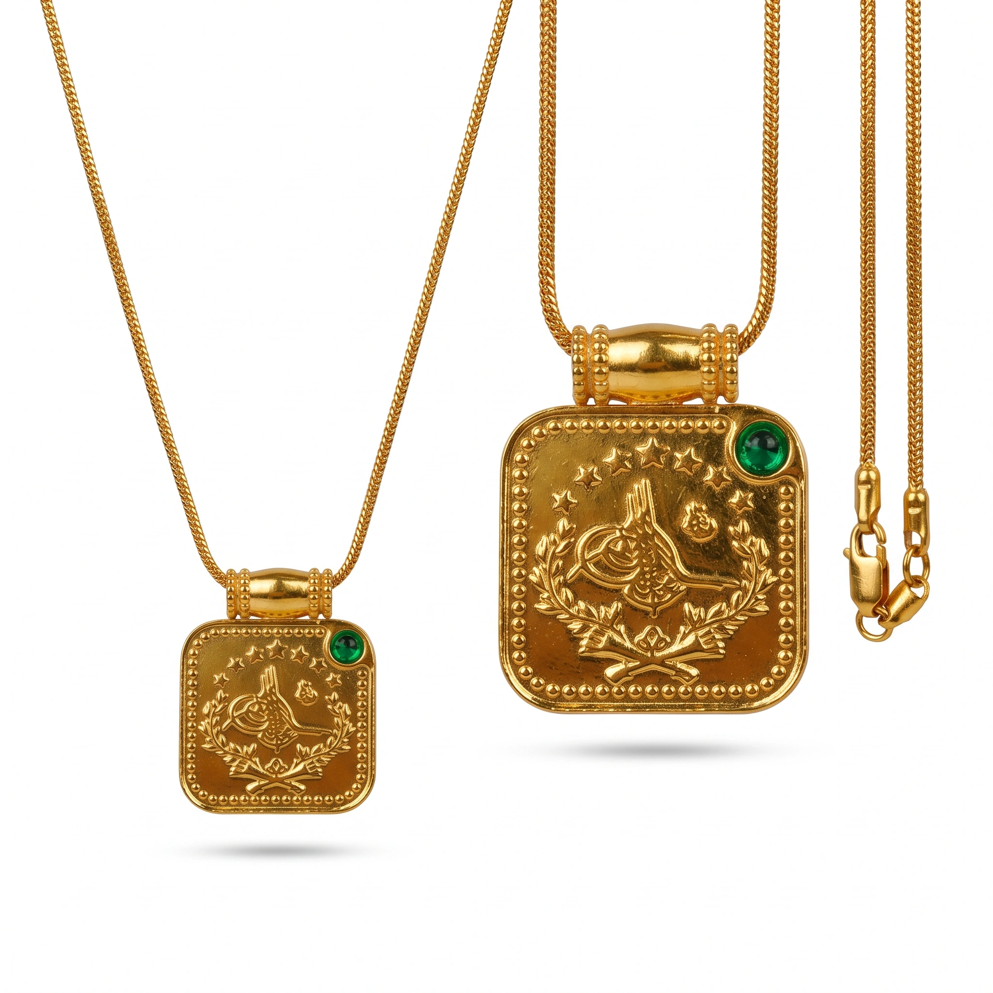 22K Heritage Square Lira Pendant with Emerald - 9.18g - Sultan Gold - تعليقة ليرة مربعة مرصعة بحجر أخضر عيار 22 - 9.18 غرام - ذهب السلطان
