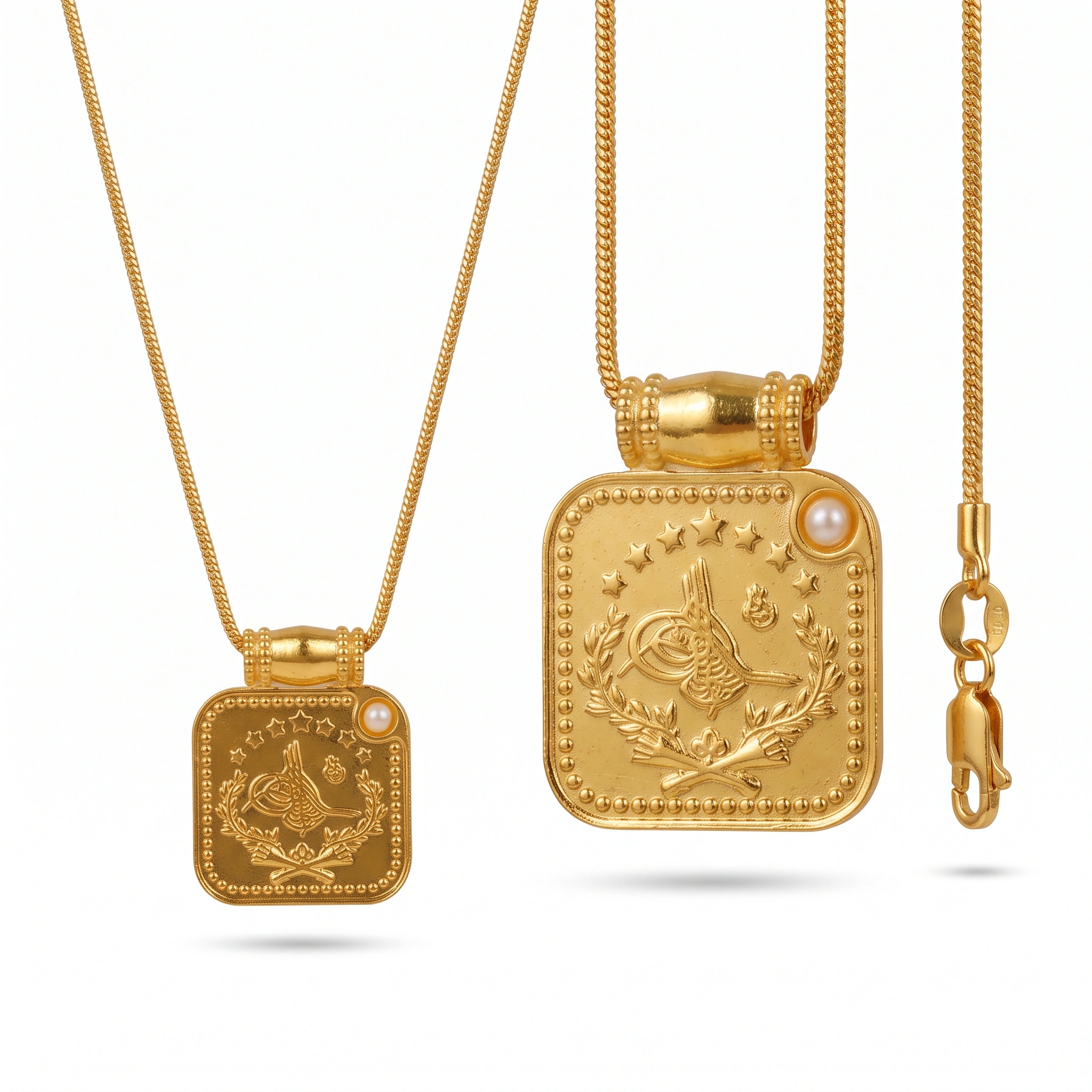 22K Heritage Square Lira Pendant with Pearl - 9.21g - Sultan Gold - تعليقة ليرة مربعة مرصعة باللؤلؤ عيار 22 - 9.21 غرام - ذهب السلطان