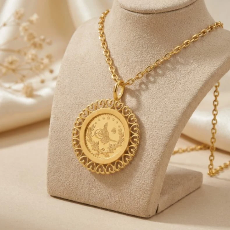 21K Gold Scalloped Quarter Lira Coin Frame Necklace - 1.95g - Sultan Gold - عقد برواز ربع ليرة مورد ذهب عيار 21 - 1.95 غرام - ذهب السلطان