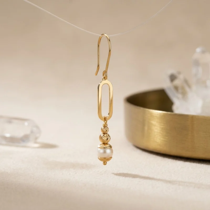 21K Gold Paperclip Link Dangling Pearl Earrings - 3.57g - Sultan Gold - أقراط حلقات مع لؤلؤ متدلي ذهب عيار 21 - 3.57 غرام - ذهب السلطان