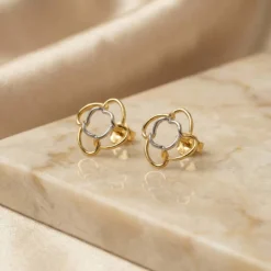 21K Two-Tone Open Floral Petal Stud Earrings - 4.68g - Sultan Gold - أقراط وردة مفرغة لونين ذهب عيار 21 - 4.68 غرام - ذهب السلطان