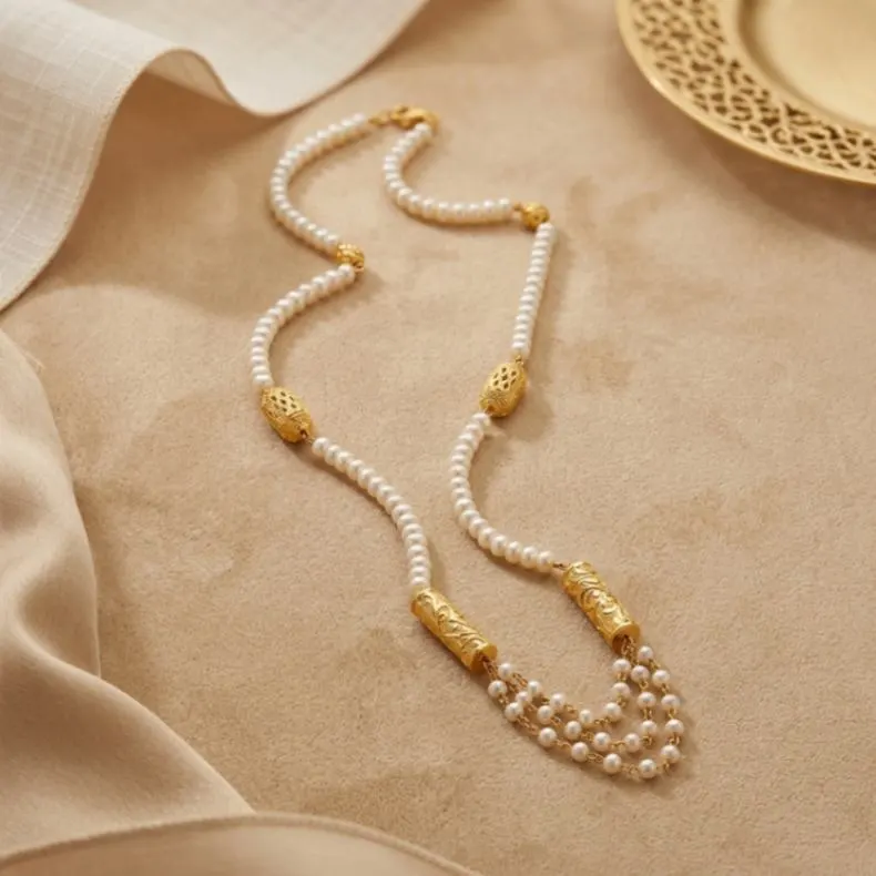 21K Gold Multi-Strand Pearl Station Necklace - 18.69g - Sultan Gold - عقد لؤلؤ متعدد الطبقات ذهب عيار 21 - 18.69 غرام - ذهب السلطان