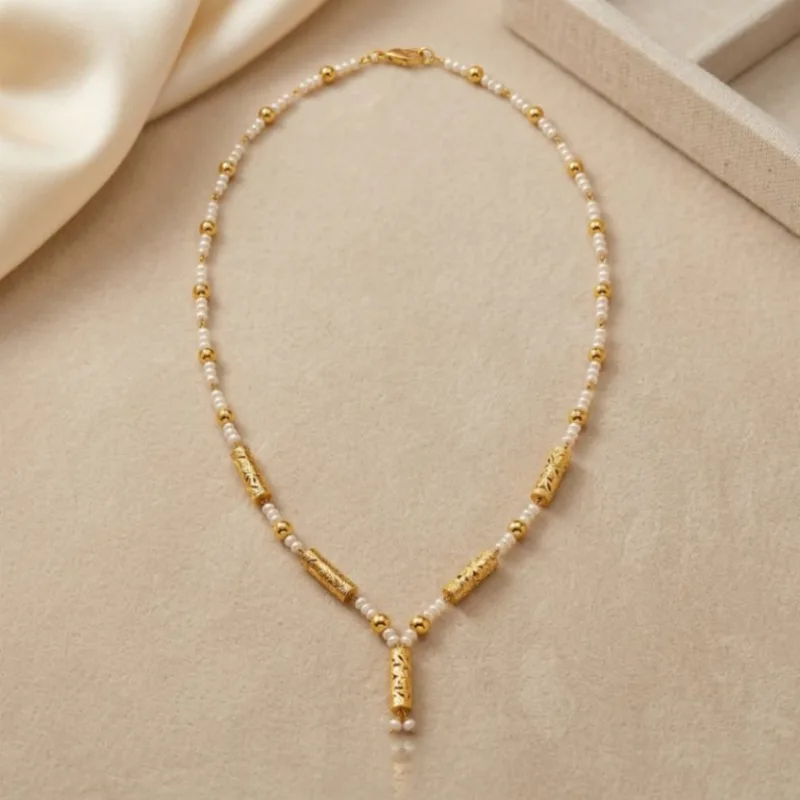 21K Gold Beaded Pearl Drop Necklace - 22.33g - Sultan Gold - عقد حبات لؤلؤ وذهب متدلية عيار 21 - 22.33 غرام - ذهب السلطان